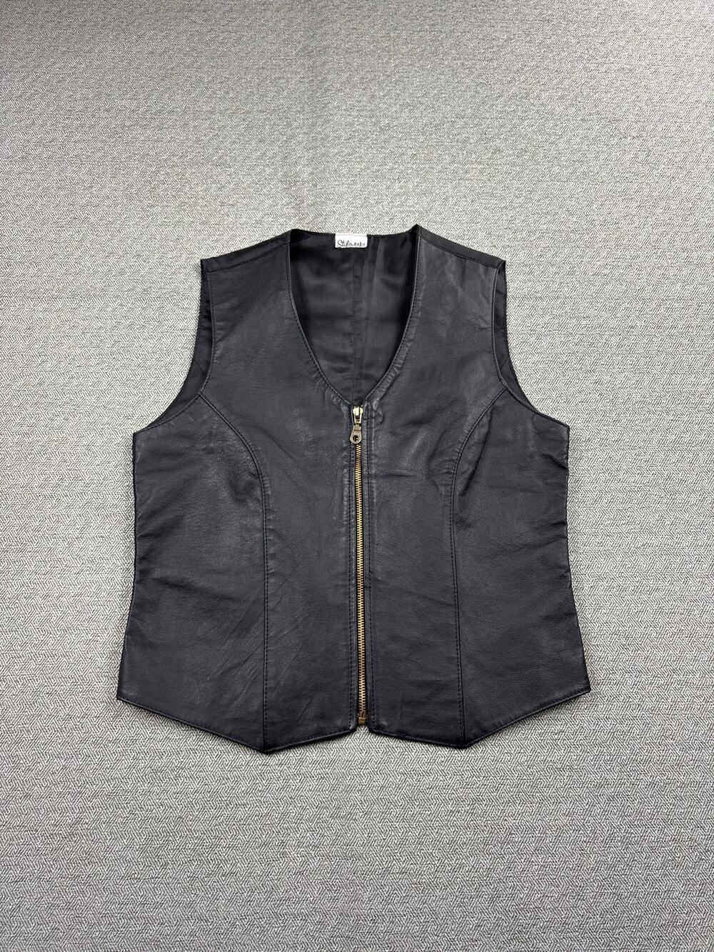 Vintage Styleworks Black Genuine Leather Vest Women's Small Zip Front Biker 90s